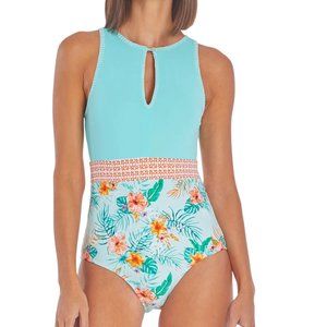 CABANA LIFE Cayman Embroidered Keyhole One-Piece 50+UV in Blue Multi